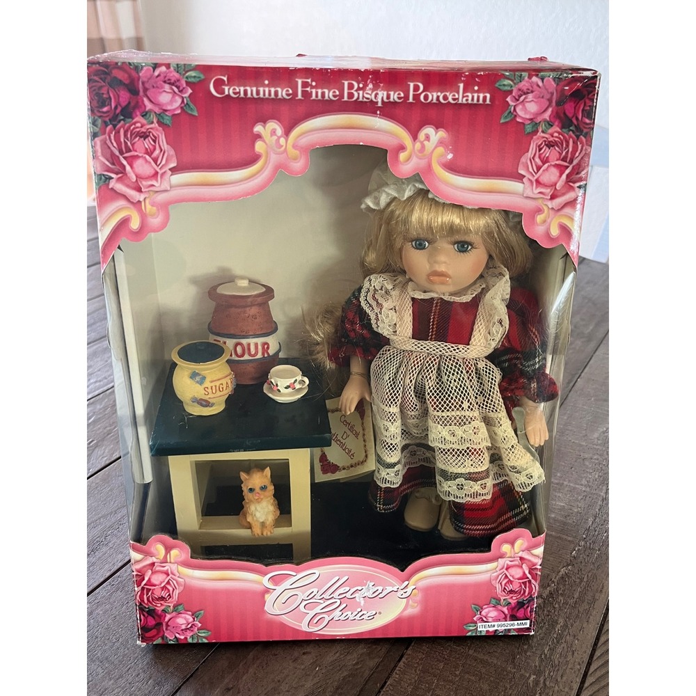 Collector's Choice Porcelain Doll Kitchen Set Plaid Dress Kitten 995296-MMI NIB